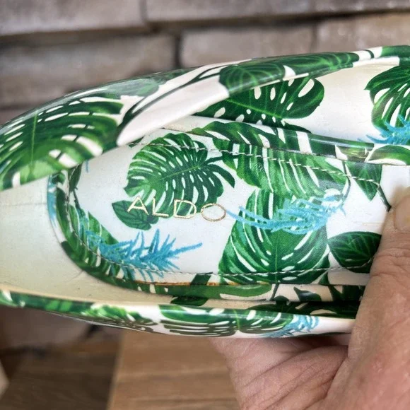 Aldo Stella Printed Patent Tropical Leaves Stiletto 4.5 In Peep Toe Heels 9 - Picture 4 of 12